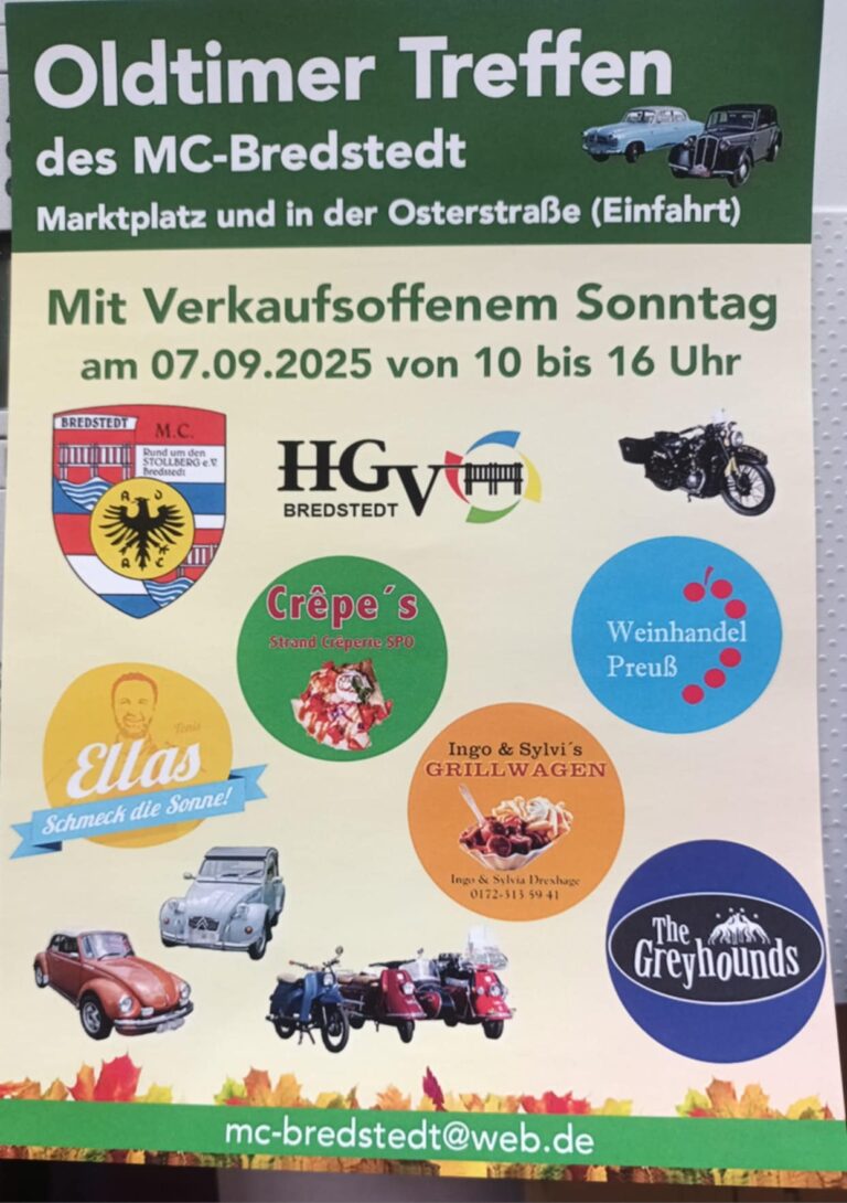 Verkaufsoffener Sonntag in Bredstedt mit internationalem Oldtimertreffen